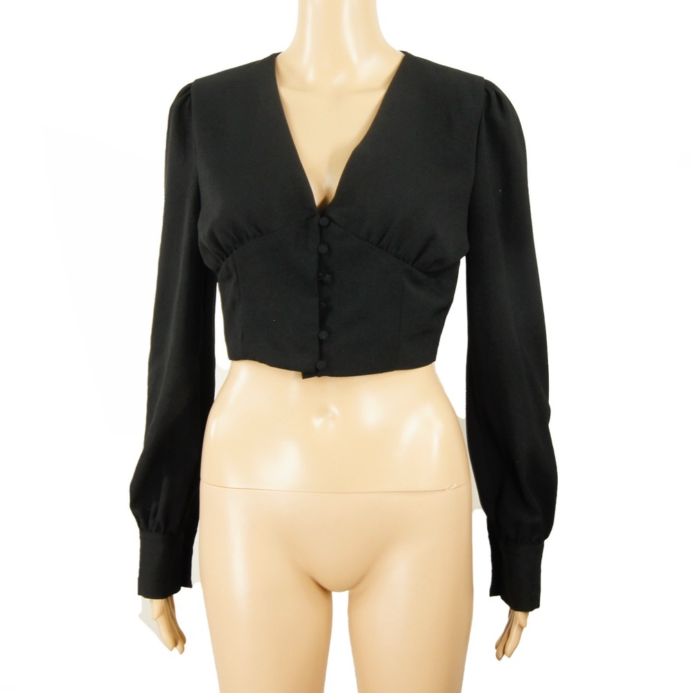 Idem Ditto Black Cropped Blouse Top V-Neck Button Front Long Sleeve